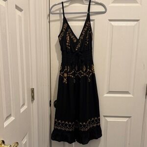 Tiki Palm Embroidered Resort Dress XL Black Gold Boho Smocked Stretch NWT